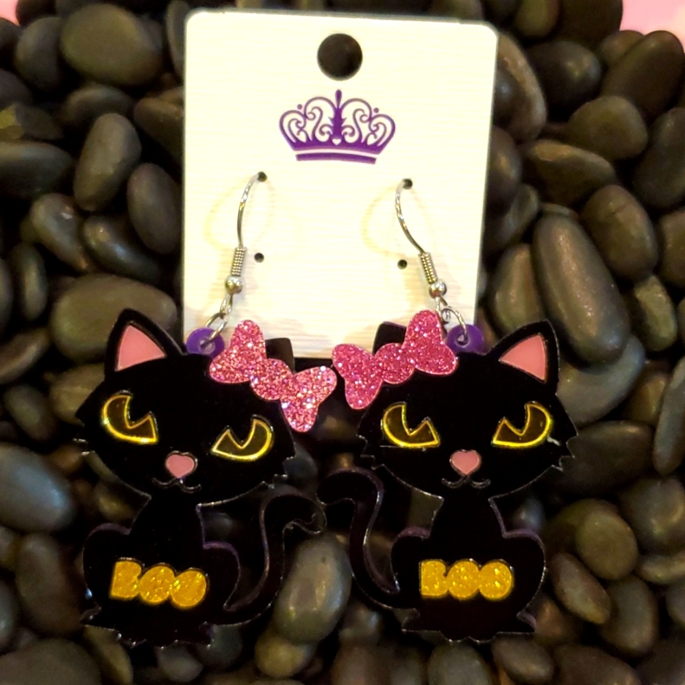 JEWLERY EARRINGS OVERSIZED ACRYLIC DANGLE🐈‍⬛🎀 BLACK CAT L🖤V...